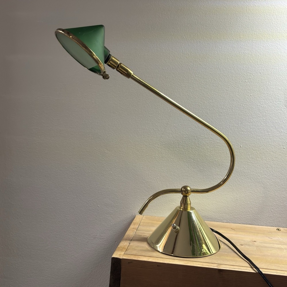 Vintage IKEA 1960 Brass Green Glass Desk Table Lamp MCM Cone Shape VERY RARE